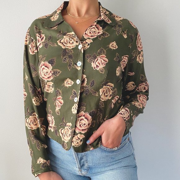 Vintage Tops - Vintage • Dusty Rose Button Down Top in Olive